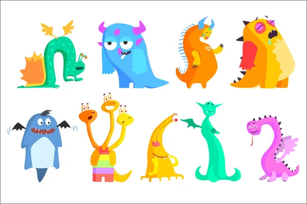 Conjunto de vetores planos coloridos de monstros engraçados. Desenhos animados criaturas fantásticas com asas, chifres e caudas. Design gráfico para livros infantis, cartões postais ou adesivos —  Vetores de Stock