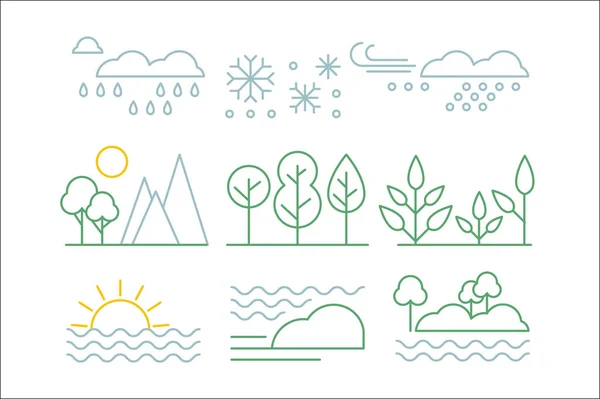 Nature set, trees, plants, sea and weather forecast signs n a linear style vector illustration — Stock Vector