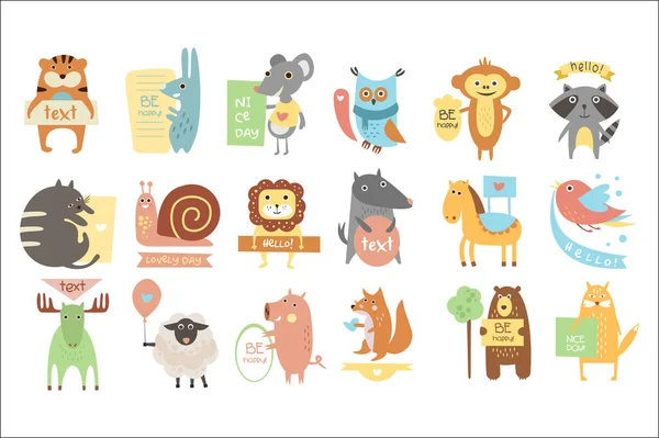 Kleurrijke set van verschillende dieren met stickers, borden en linten met plaats voor uw tekst. Geïsoleerde platte vector design voor kinderboek — Stockvector
