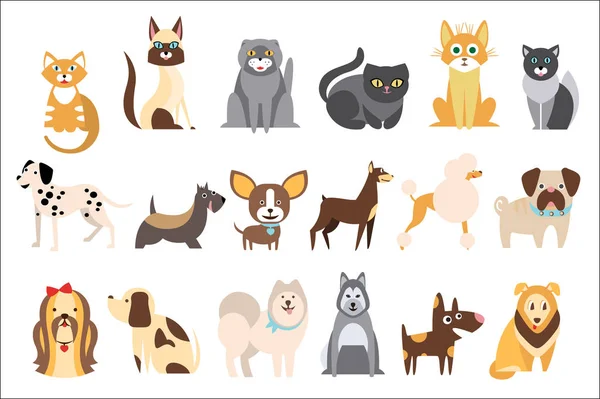 Coleção de desenhos animados de gatos e cães engraçados de raças diferentes. Animais domésticos. Animais de estimação. Os melhores amigos humanos. Design vetorial plano para pet shop ou clínica veterinária — Vetor de Stock