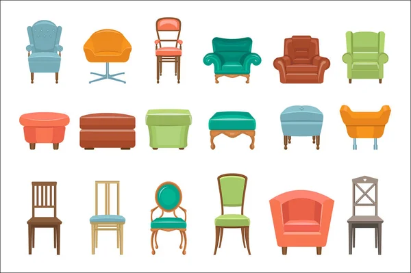 Collection de différents types de sièges. Fauteuils, chaises, poufs. Mobilier confortable. Éléments pour l'intérieur de la maison moderne. Icônes vectorielles plates colorées — Image vectorielle