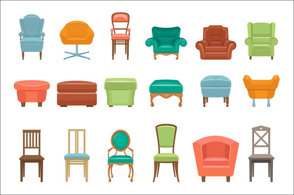 Collection of different types seating. Armchairs, chairs, poufs. Comfortable furniture. Elements for modern home interior. Colorful flat vector icons