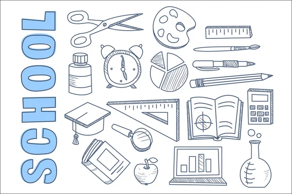 School stationary equipment set, back to school icons hand drawn vector illustration — Stock Vector