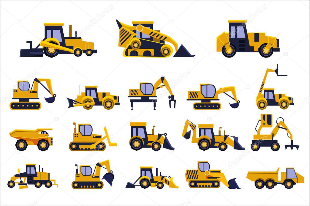 Different types of construction trucks set, heavy equipment, construction vehicles vector Illustrations on a white background
