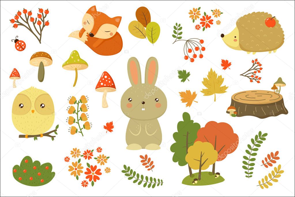 Autumn Forest Elements Set Forest Animals Leaves Flowers Mushrooms Cartoon Vector Illustrations Isolated On A White Background Larastock