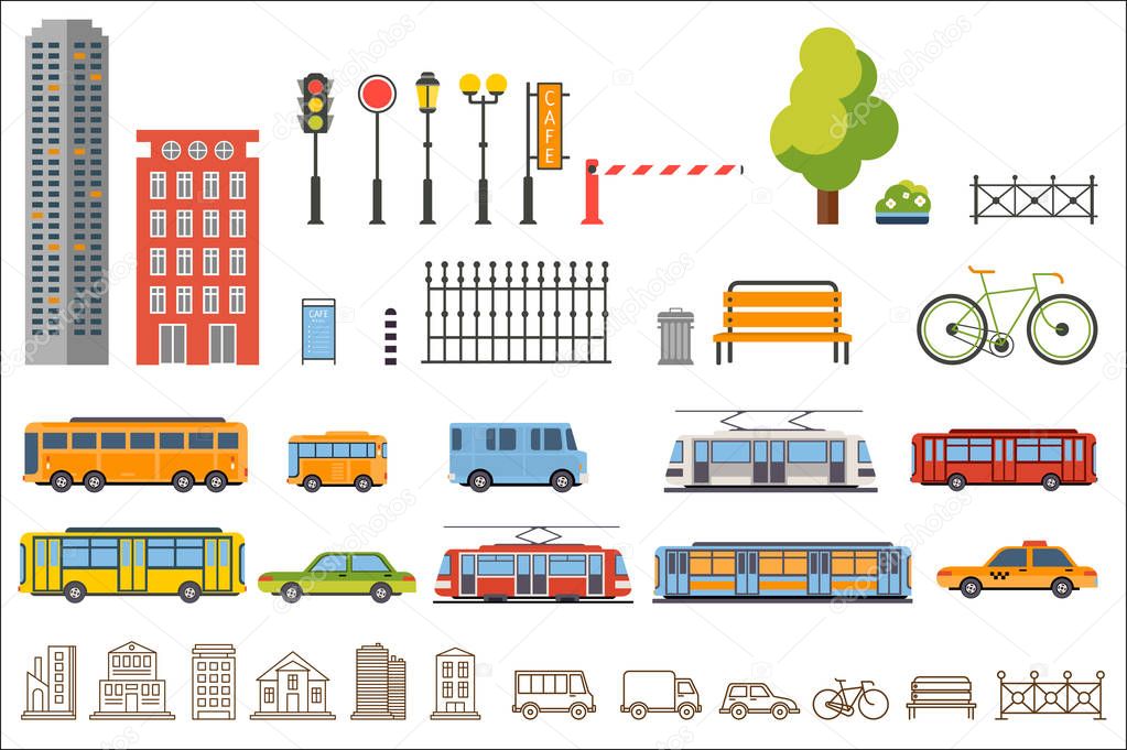 Vector city constructor design buildings, road equipment, transport, park elements. Buse, trolleybuse, tram, taxi and car. Flat and line style. Objects for background creation