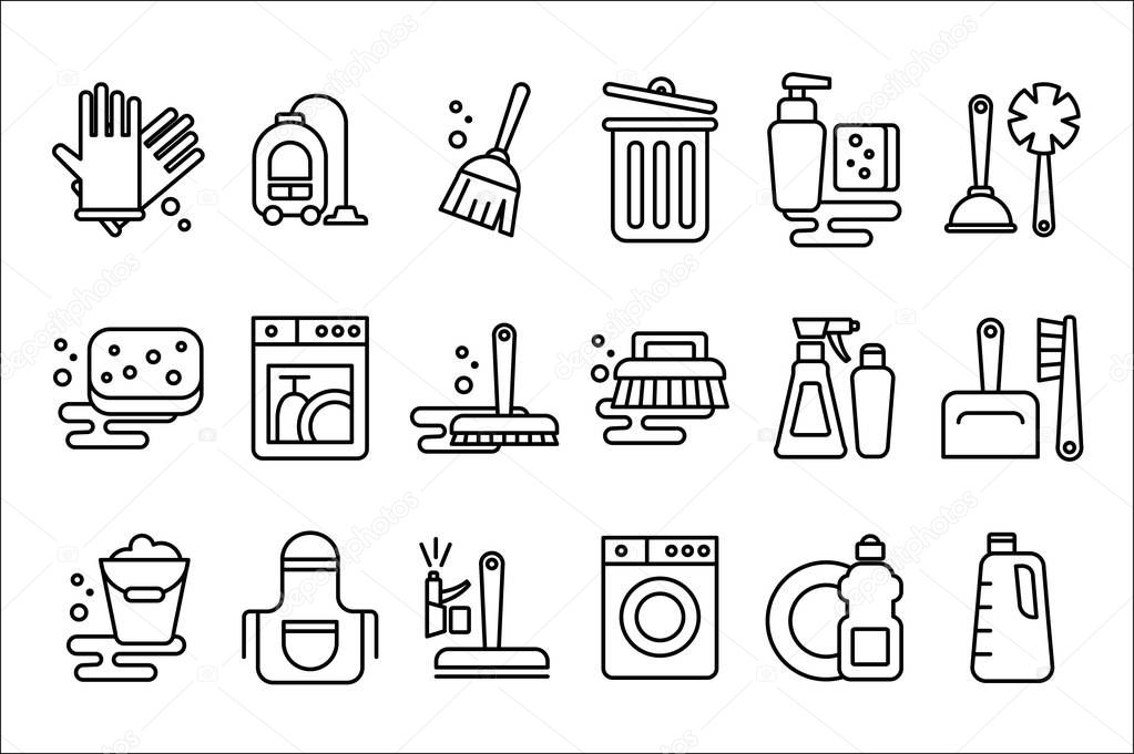 Vector set of linear icons on cleaning theme. Objects for housekeeping gloves, broom, hoover, mop and bucket. Elements for mobile app, website, cleaning company