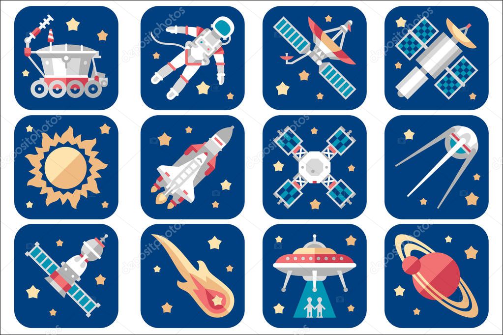 Cosmos icons set. Cartoon spacecrafts, alien saucers, astronaut, falling comet, sun and space satellites. Exploration universe. Galaxy theme. Flat vector design