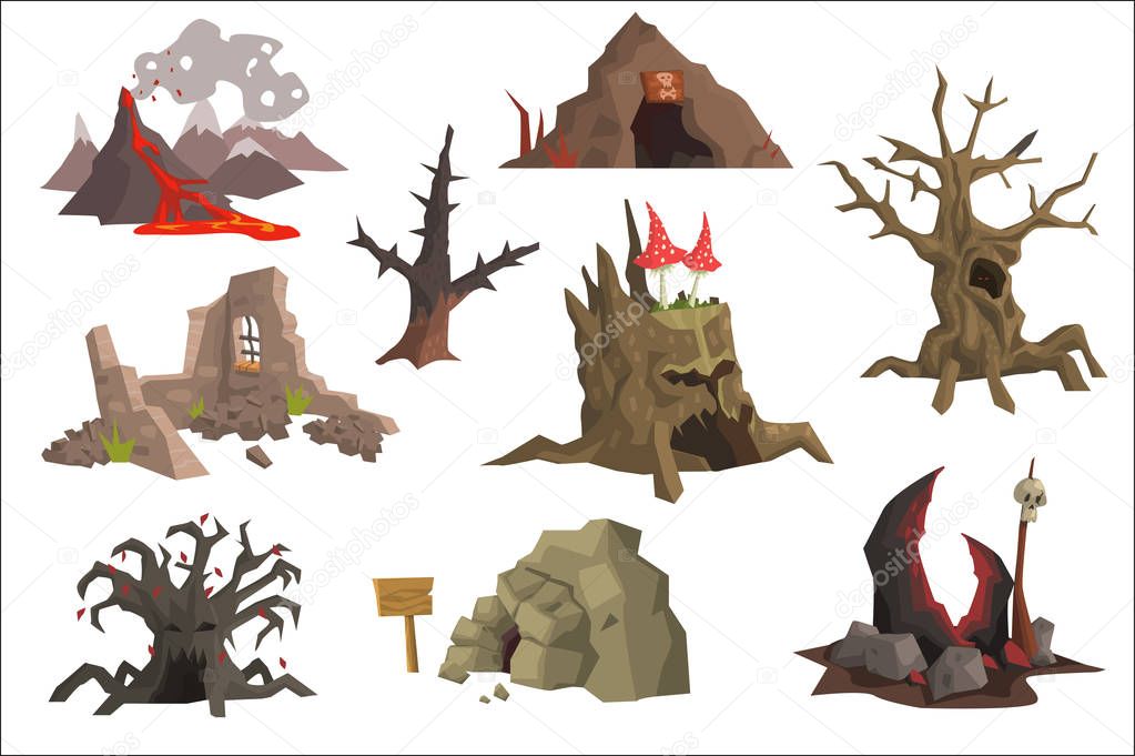 Flat vector set of landscape elements. Volcano with hot lava, ruins, swamp, old trees, cave, scary stump with mushrooms. Graphic design for gaming interface