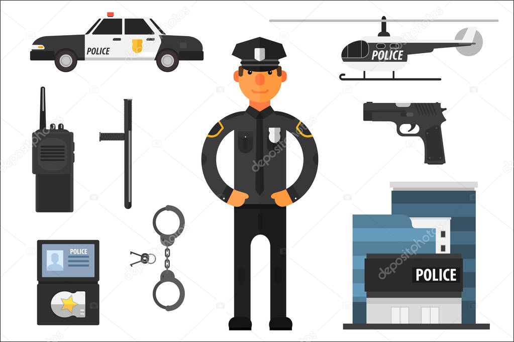 Cartoon set of police attributes. Officer, gun, baton, automobile, badge, helicopter, handcuffs, keys, portable radio and building. Flat vector elements for infographic