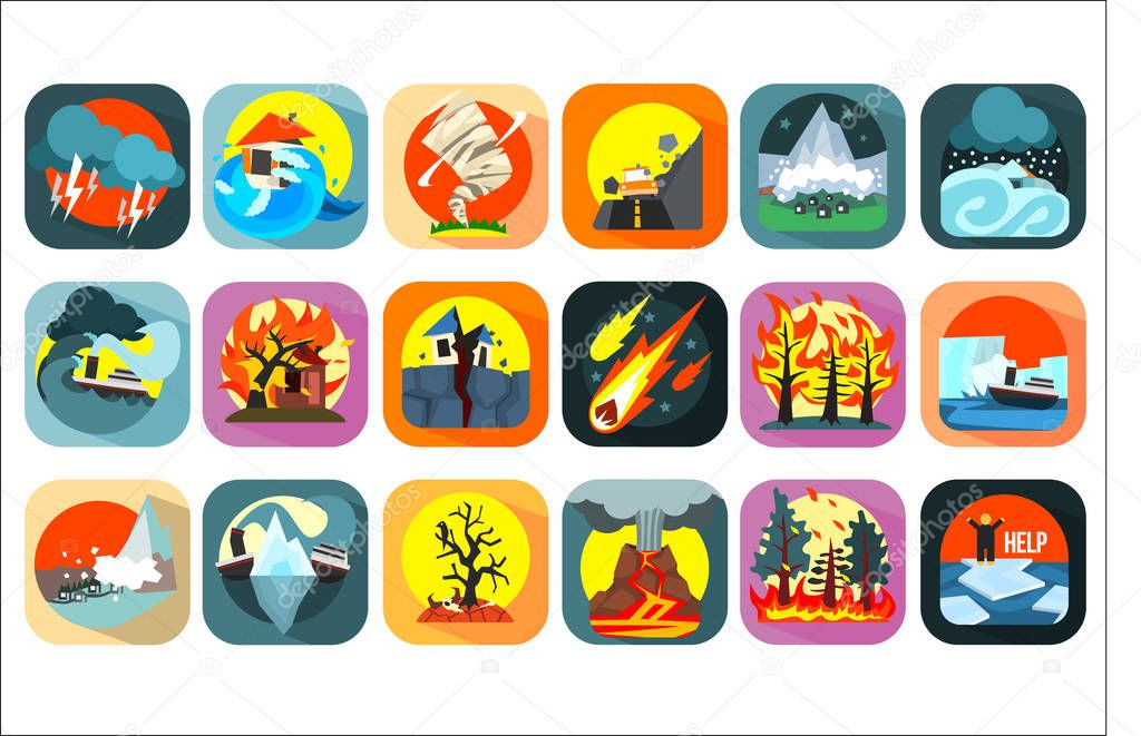 Icons set of natural disaster, catastrophe and crisis situations. Forest fire, asteroid, storm, hurricane, snow avalanche, flood, volcanic eruption, drought, earthquake, tsunamis. Flat vector