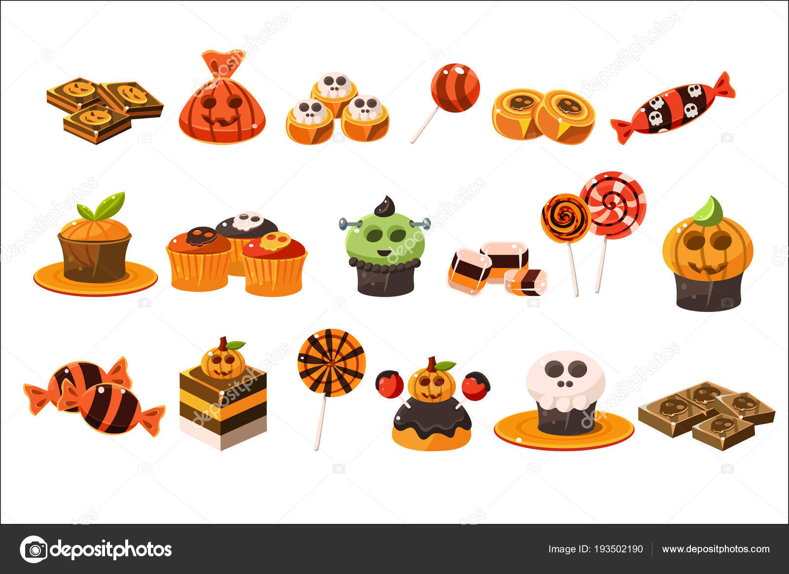 Download Colorful Flat Vector Set Of Various Halloween Sweets Lollipops Delicious Cupcakes And Chocolate Tasty Desserts Trick Or Treat Vector Image By C Topvectors Vector Stock 193502190