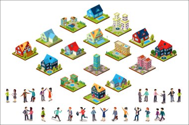 Vektör kentsel izometrik evleri ve insan grupları kümesi. Konut. Modern 3d tarz. Mobil oyun veya peyzaj tasarım öğeleri