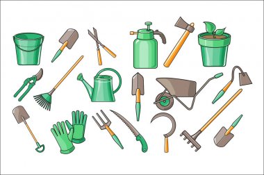 Bitki yetiştirilmesi, budama, sulama ve gevşeme toprak kazmak, Bahçe aksesuarları vektör kümesi. Renkli Dolgu Hat sanatı