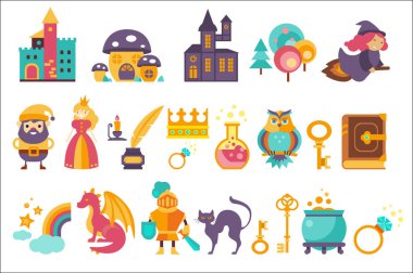 Fairytale ayarla, Prenses, Prenses, kale, gnome, cadı, ejderha, gökkuşağı, knight ve diğer öğeleri beyaz bir arka plan üzerinde çizimler vektör