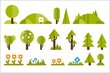 Orman manzara yeşil ağaçlar, çalılar, köknar ağaçlarının, çimlerin üzerine çiçek çiçeklenme için öğeleri kümesi. Doğa teması. Düz vektör tasarımı