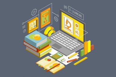 Online eğitim ve Uzaktan e-öğrenme kavramı. İzometrik vektör çizim laptop, yığın kitap, grafikler, cetvel, kalemler, hesap makinesi ile