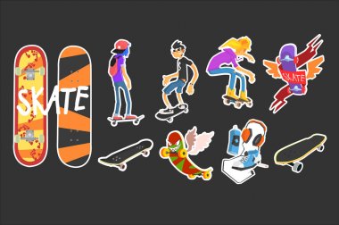 Düz vektör renkli kaykay simgeler kümesi. Gençler kaykaylar üzerinde. Gençlik Kültür semboller kulaklıklar, spor ayakkabı, sprey boya. Aşırı spor