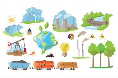 Alternatif elektrik üretim simgeler. Çevre çevre dostu güç kaynakları. Düz vektör öğeleri