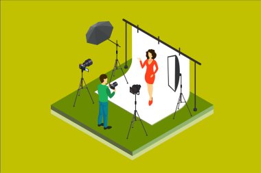 Fotoğrafçı çekim modeli Studio. Fotoğraf ekipman fotoğraf makinesi, softbox, spot, zemin, şemsiye. İzometrik vektör çizim
