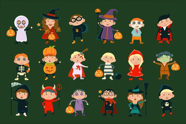 Flat vektor set med söta barn i festliga kostymer. Roliga små pojkar och flickor som firar Halloween — Stock vektor