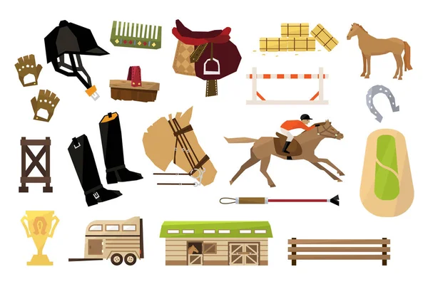 Lapos vektor Lovassportok sport objektumok halmaza. Ember, ló, fából készült pajta és kerítés, lovas s berendezések, trófea, boglya széna bálák, patkó, mező, pótkocsi — Stock Vector