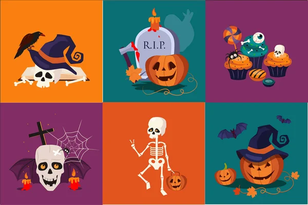 Halloween symbols set. Funny skeleton. Traditional holiday sweets, pumpkin in witch hat, skull, burning candles. Flat vector icons — Stock Vector