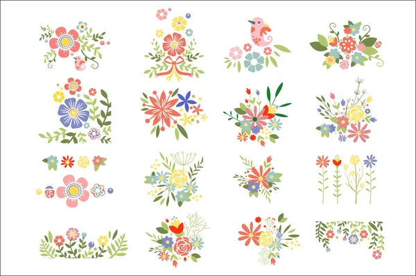 カラフルな花の組成のフラットのベクトルを設定します。春の花が咲いてください。カラフルな植物。植物テーマ — ストックベクタ