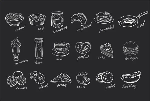 Vector set of hand drawn food and drinks on black chalkboard. Salad, soup, canned cucumbers, sweet desserts, fast food, fruits and beverages — Stock Vector