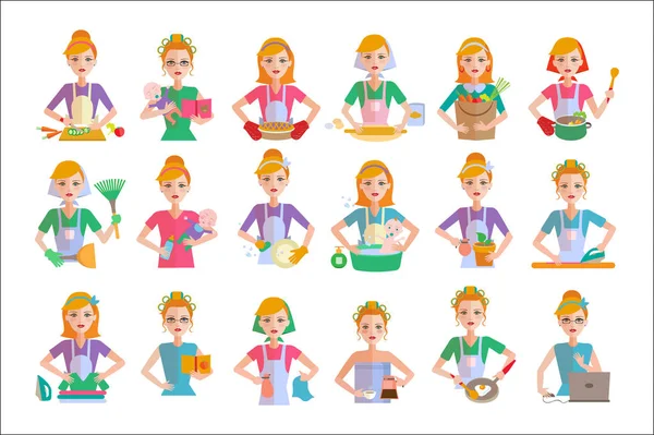 Flat vector set of housewife icons. Woman doing housework cooking, shopping, taking care of baby, cleaning, ironing clothes, working — Stock Vector