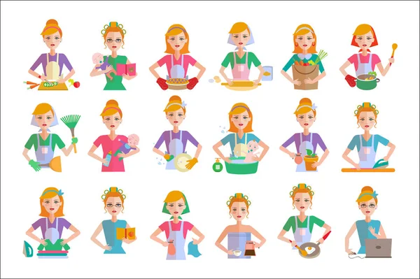 Conjunto de vector plano de iconos de ama de casa. Mujer haciendo tareas domésticas cocinar, ir de compras, cuidar del bebé, limpiar, planchar la ropa, trabajar — Archivo Imágenes Vectoriales