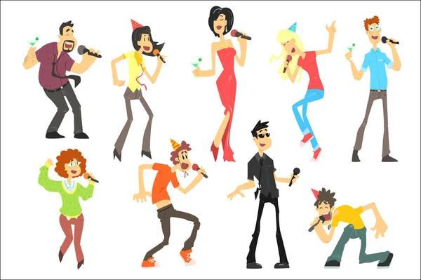 Hombres y mujeres cantando karaoke con micrófonos, karaoke cantantes vector Ilustraciones sobre un fondo blanco — Vector de stock