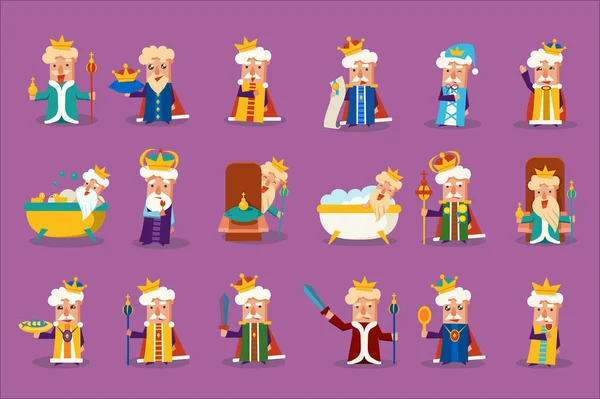 Funny king character posing in different situations set, old imperior showing various emotions vector Illustrations — Stock Vector