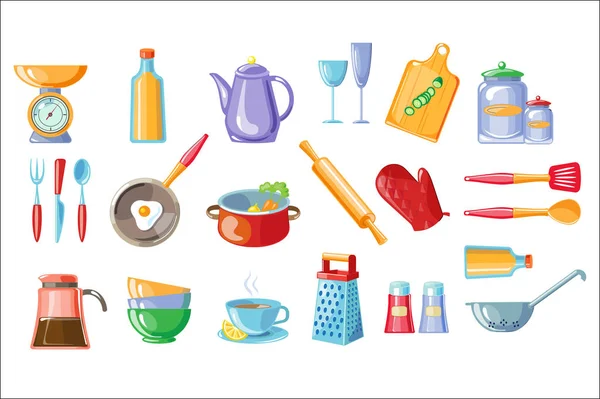 Cooking icons set, kitchen utensils with scales , frying pan, pot, teapot, grater, colander vector Illustrations on a white background — Stock Vector