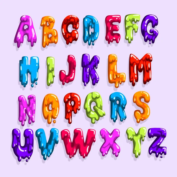 由甜果冻或果酱制成的彩色拉丁字母表。英文字母从 A 到 z 卡通矢量字体打印, 海报或卡片 — 图库矢量图片