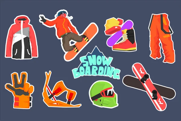 Flat vector set of snowboarding icons. Helmet and goggles, glove, boot, warm hat and outerwear, snowboard. Extreme winter sport