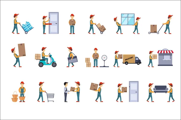 Flat vector set of illustrations for delivery concept. Loaders with parcels, man carrying cardboard boxes, guy on scooter, courier and customer — Stock Vector