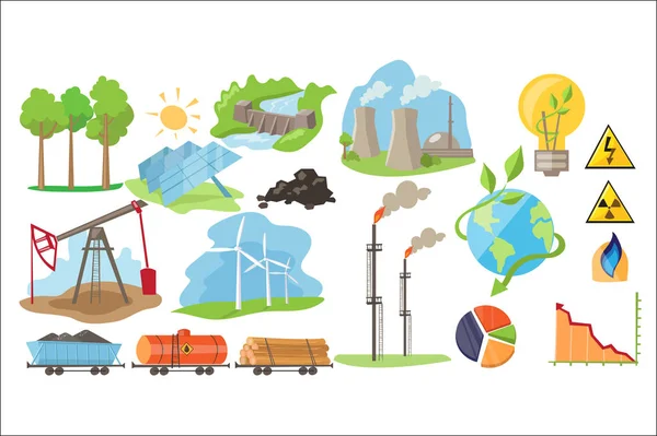 Soorten natuurlijke hulpbronnen voor de productie van eco-energie. Elektriciteit productie industrie. Alternatieve bron van macht. Kleurrijke platte vector iconen — Stockvector