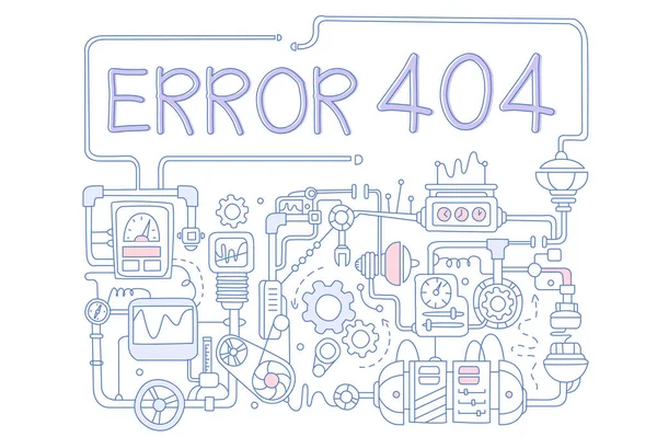 Concept of error 404. Colored vector background for not found page with pipes, working mechanisms, details, screens, valves and rotating gears — Stock Vector