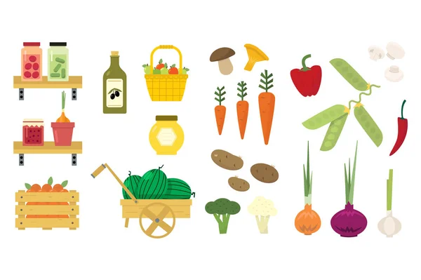 Conjunto de vectores planos de iconos de alimentos orgánicos. Verduras y frutas frescas. Pepinos y tomates en escabeche. Cesta con manzanas. Mermelada, miel y aceite de oliva . — Archivo Imágenes Vectoriales
