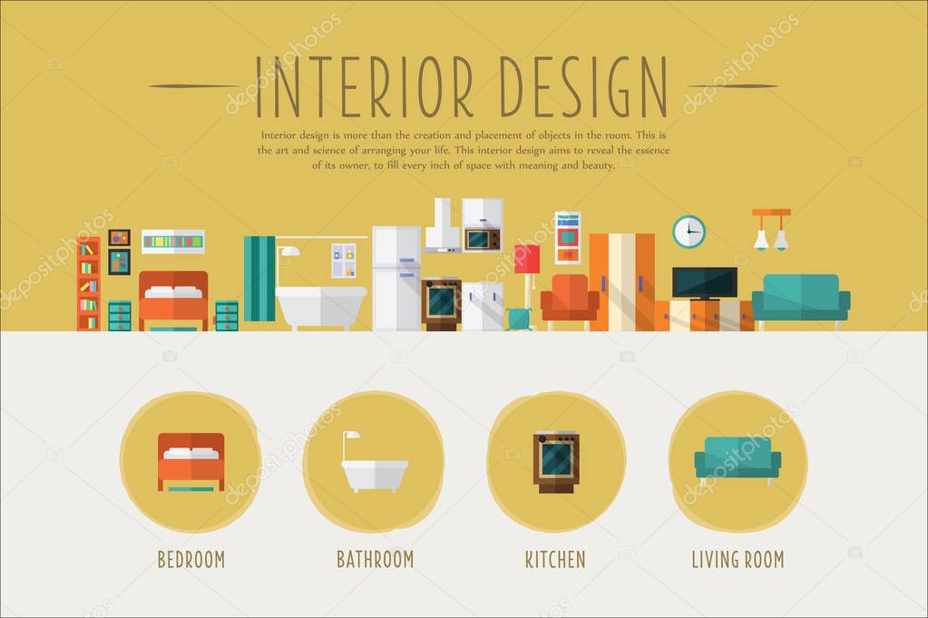 Interior design web banner template, Bedroom, bathroom, kitchen, living room project vector Illustration