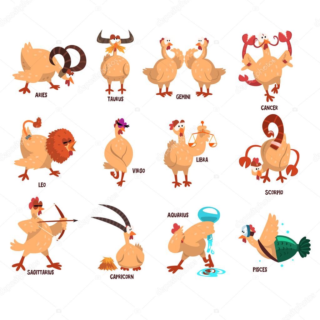 Funny farm chicken showing 12 Zodiac signs. Domestic bird in different actions. Comic horoscope. Flat vector set