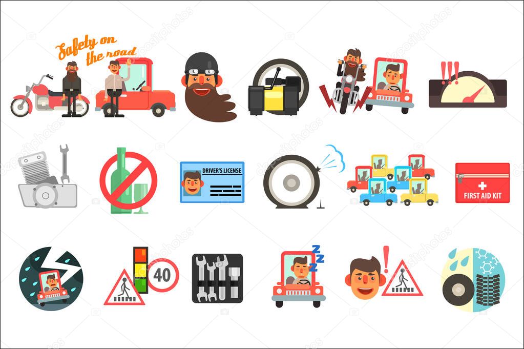 Flat vector set of cartoon items related to safety on road. Traffic codes, signs, first aid kit, driver s license, motorcycle, car