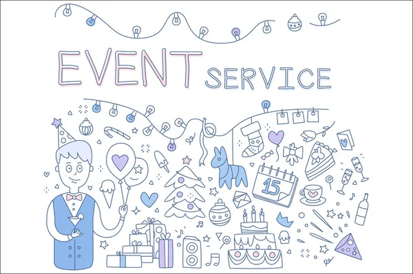 Kreativ linje illustration för event service företag. Holiday ikoner mannen, ballonger, julgran, födelsedagstårta, garland, gåvor. Vektor design — Stock vektor