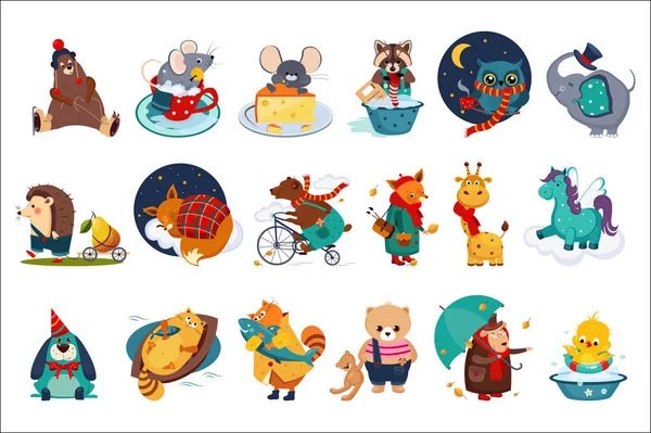 Set vettore piatto di animali fatati in diverse azioni. Carini i personaggi dei cartoni animati. Design colorato per libri, stampe o cartoline per bambini — Vettoriale Stock