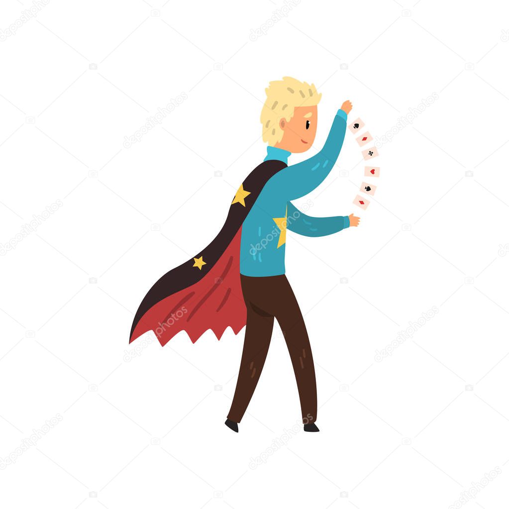 Magician showing focus with playing cards. Professional illusionist in cape with stars. Flat vector design