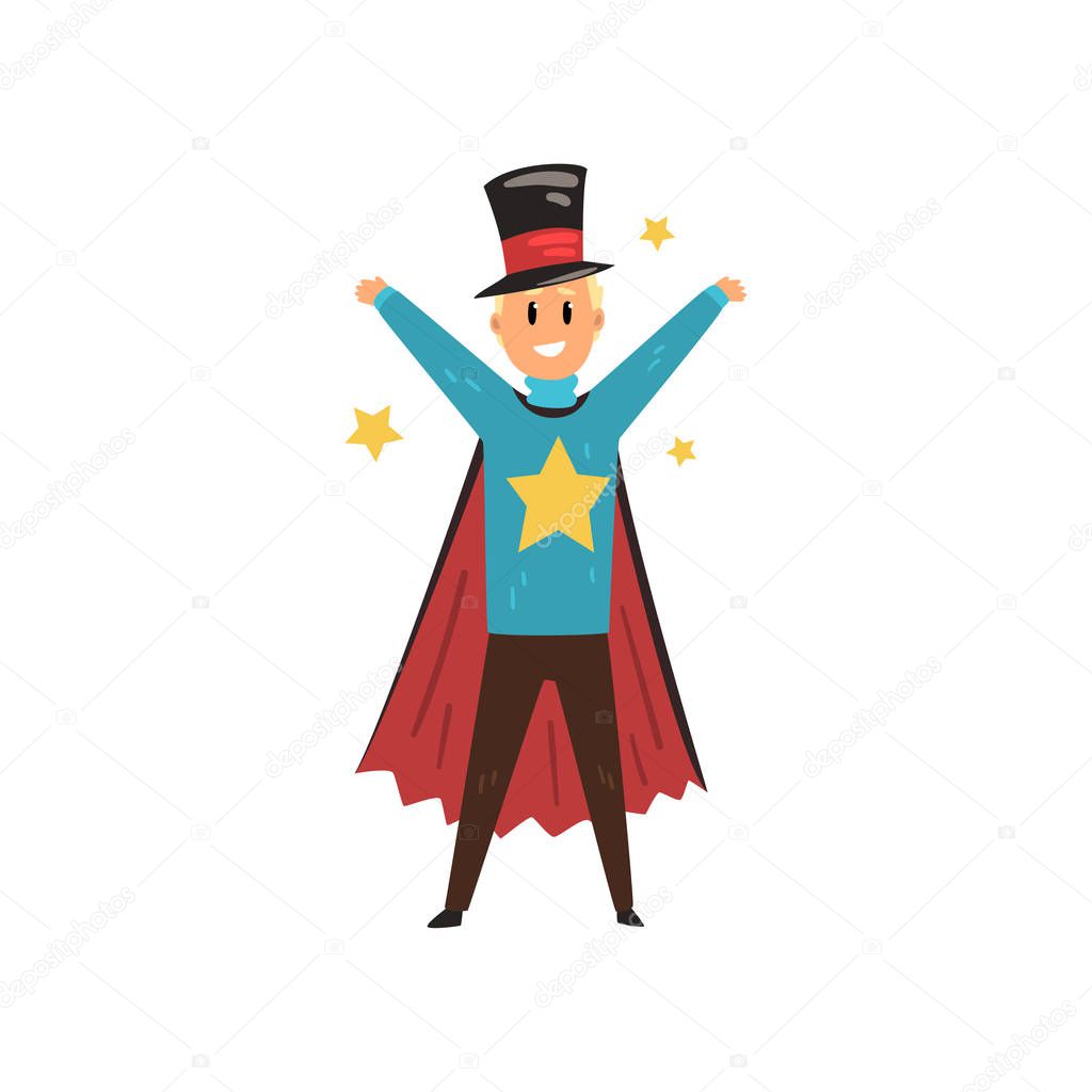 Circus magician surrounded by stars standing with hands up. Cheerful illusionist in magic hat and cape. Flat vector design