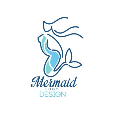 Deniz kızı logo tasarımı, rozet, davetiye, afiş için deniz kızı silüeti üzerinde beyaz bir arka plan illüstrasyon vektör