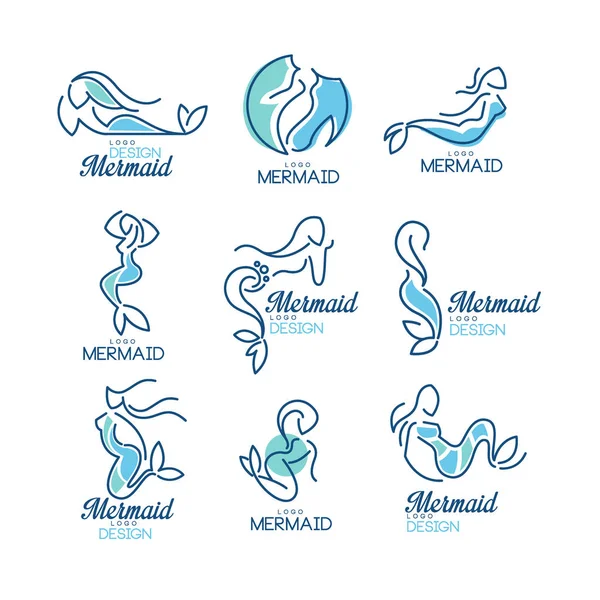 Mermaid logo design set, silhouette of mermaid for badge, invitation card, banner vector Illustrations on a white background — Stock Vector