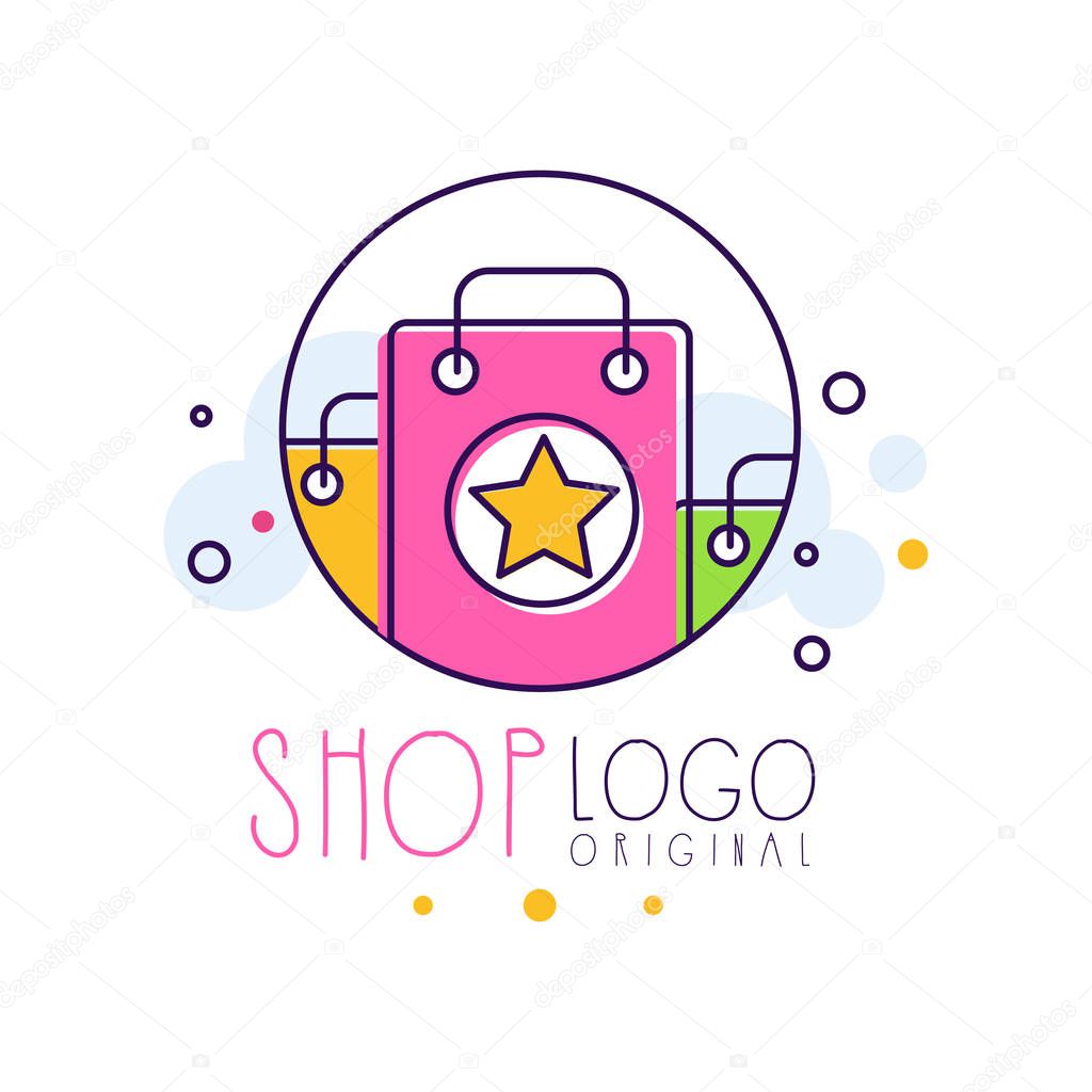 Shop original logo template, bright sale badge, design element for shop, sale banner, poster, tag vector Illustration on a white background